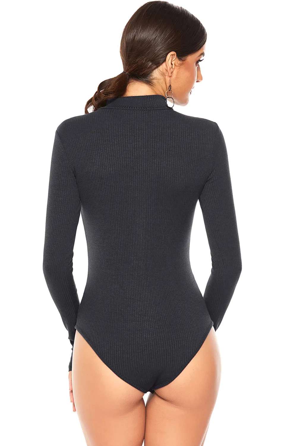Full Size Ribbed Half Zip Long Sleeve Bodysuit On Sale - Daily Fashion