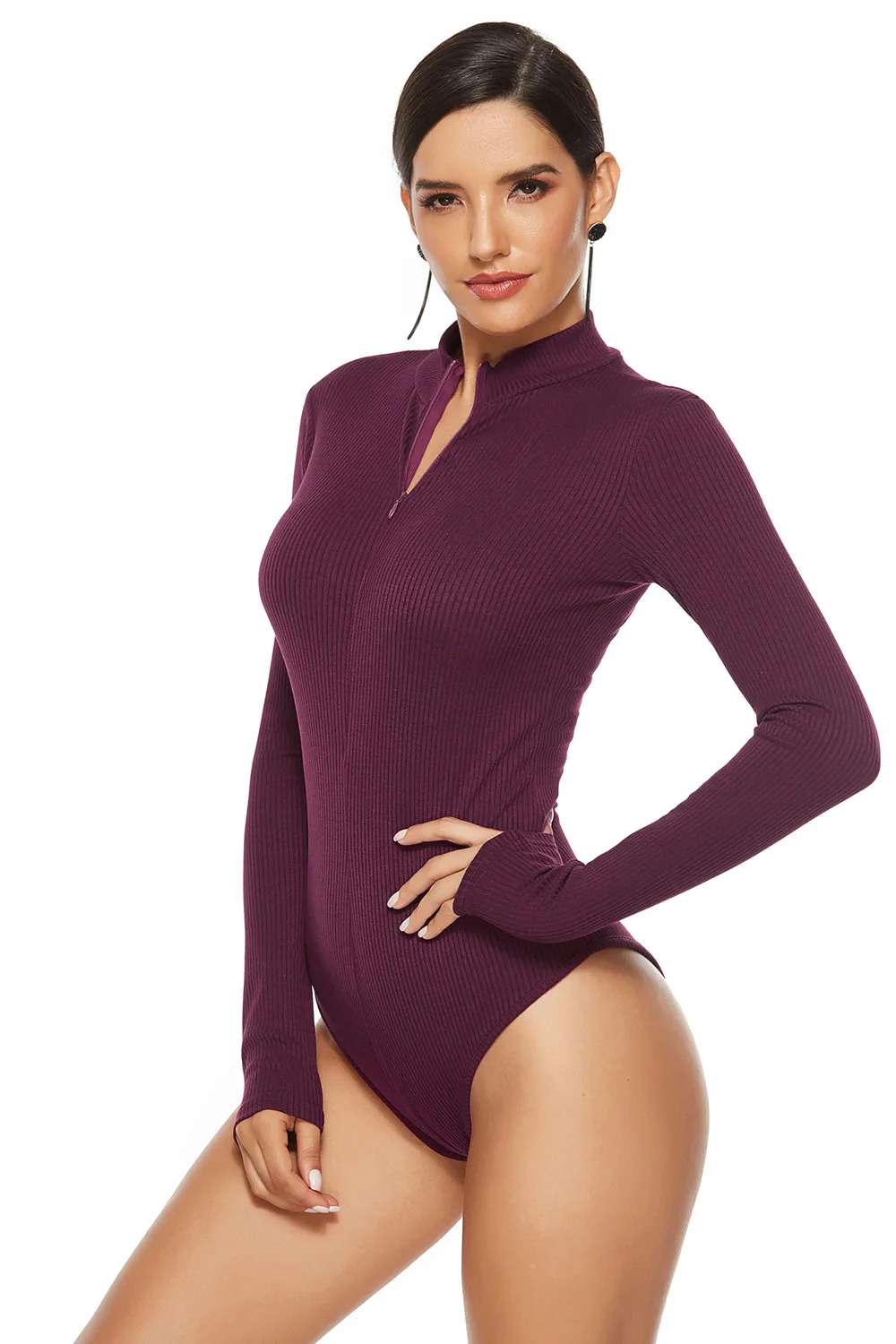 Full Size Ribbed Half Zip Long Sleeve Bodysuit On Sale - Daily Fashion