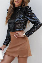 Sequin Mock Neck Leg-Of-Mutton Sleeve Top - Daily Fashion