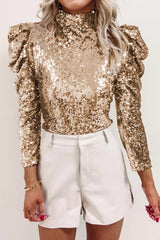 Sequin Mock Neck Leg-Of-Mutton Sleeve Top - Daily Fashion