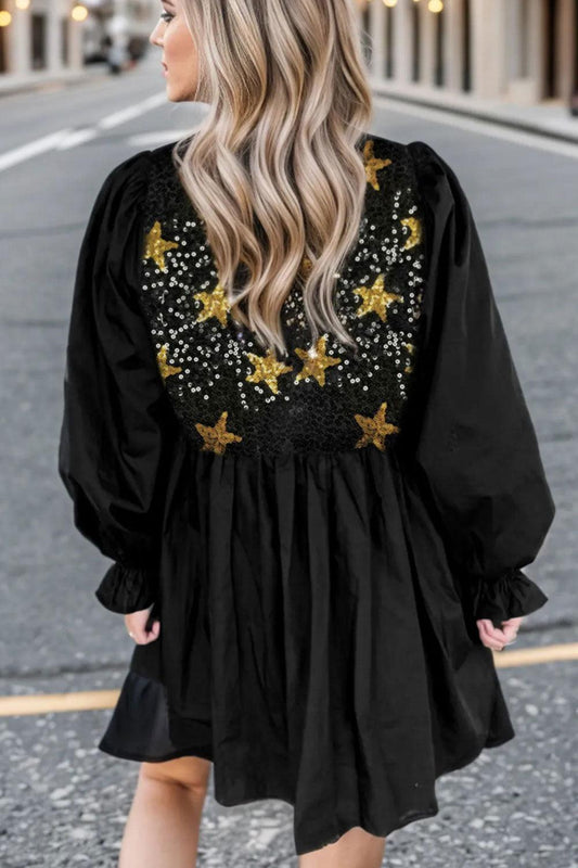 Buy Star Sequin Round Neck Flounce Sleeve Mini Dress - Daily Fashion