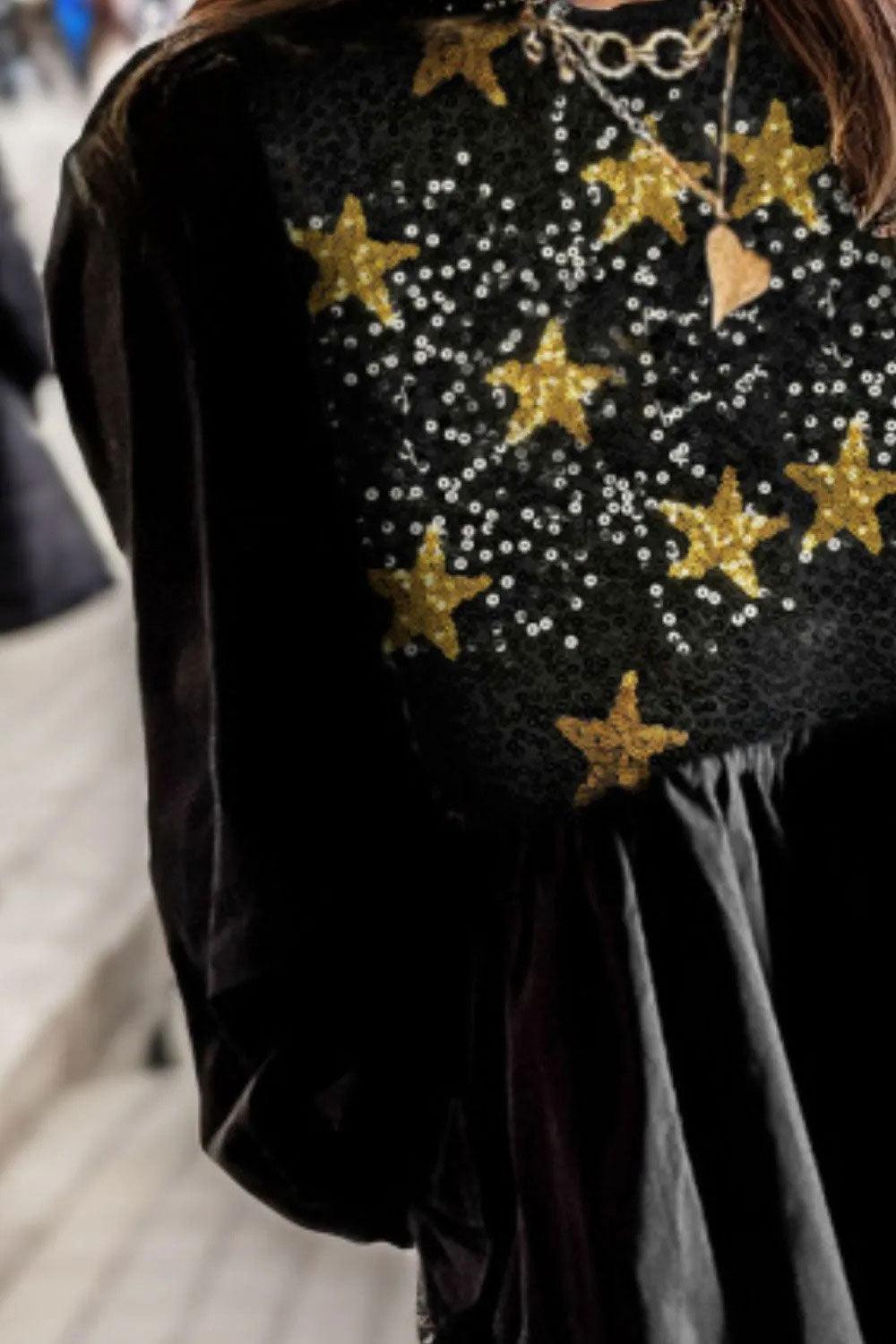 Buy Star Sequin Round Neck Flounce Sleeve Mini Dress - Daily Fashion