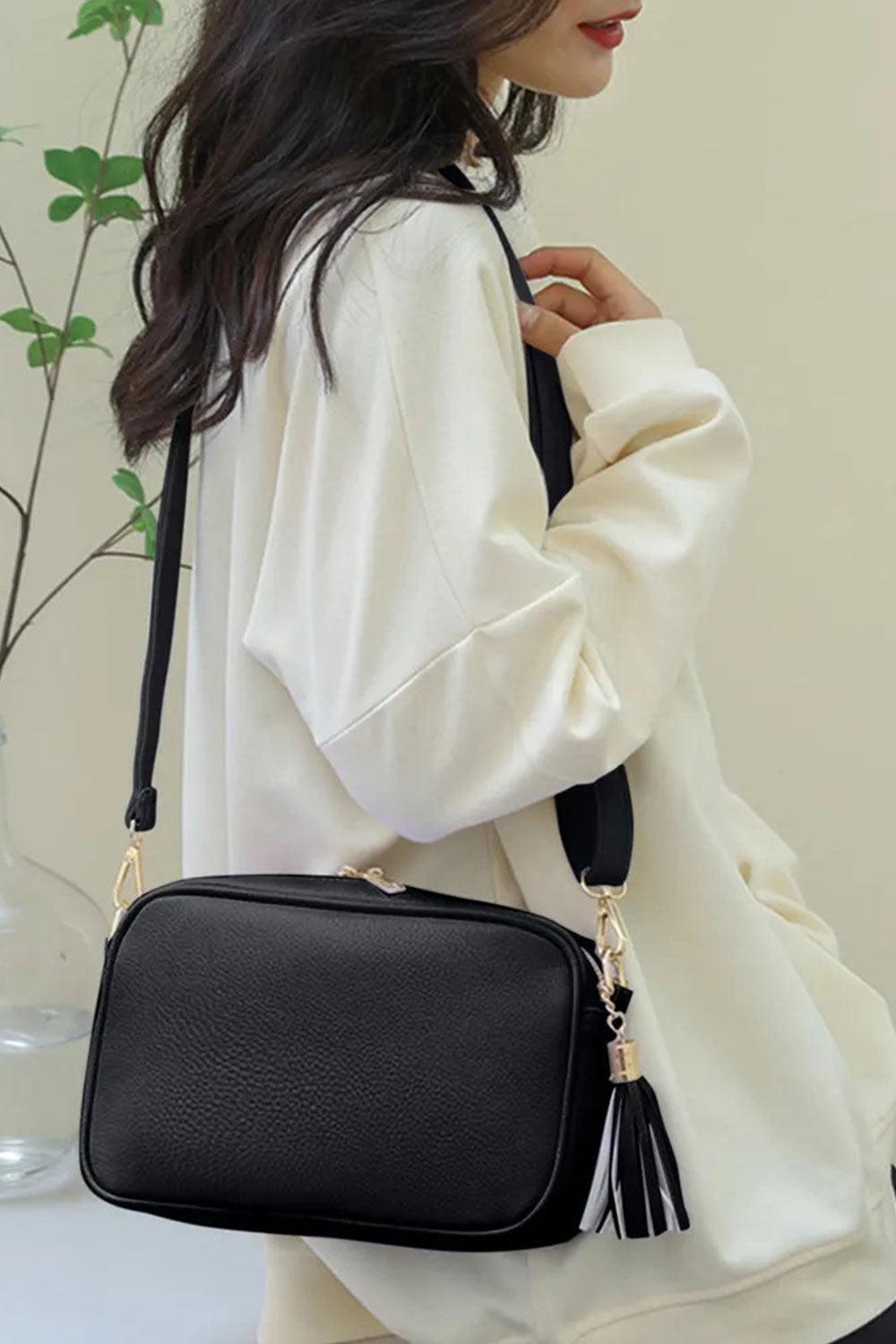 Tassel PU Leather Crossbody Bag - Black - Daily Fashion