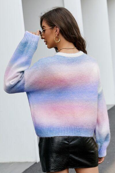 Trendy Gradient Round Neck Dropped Shoulder Sweater - Daily Fashion