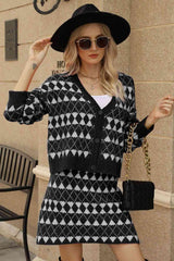 Get trendy with Geometric Cardigan and Knit Skirt Combo - Daily Fashion