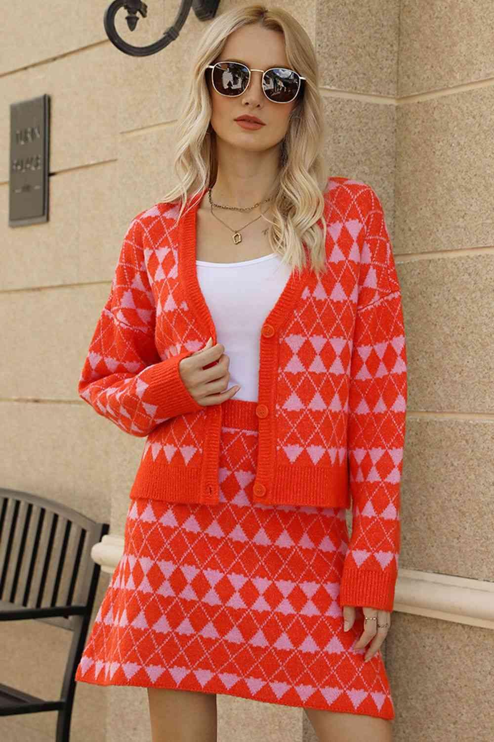 Get trendy with Geometric Cardigan and Knit Skirt Combo - Daily Fashion